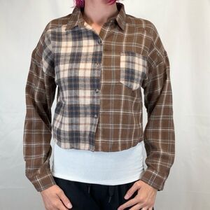 Love Notes Women's Cropped Mixed Patchwork Flannel Shirt L LG Large Brown Grey